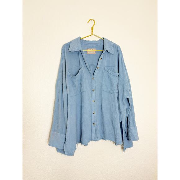 Free People Cardiff Oversized Top Size XL Blue Waffle Knit Boho Long Sleeve - Picture 3 of 13